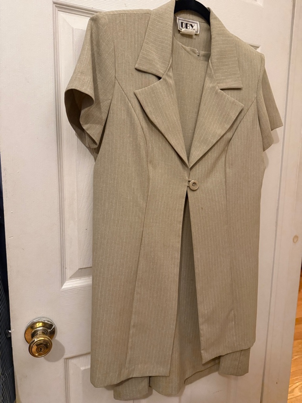 Vintage 90s Beige Pinstripe Short-Sleeve Blazer Dress Set